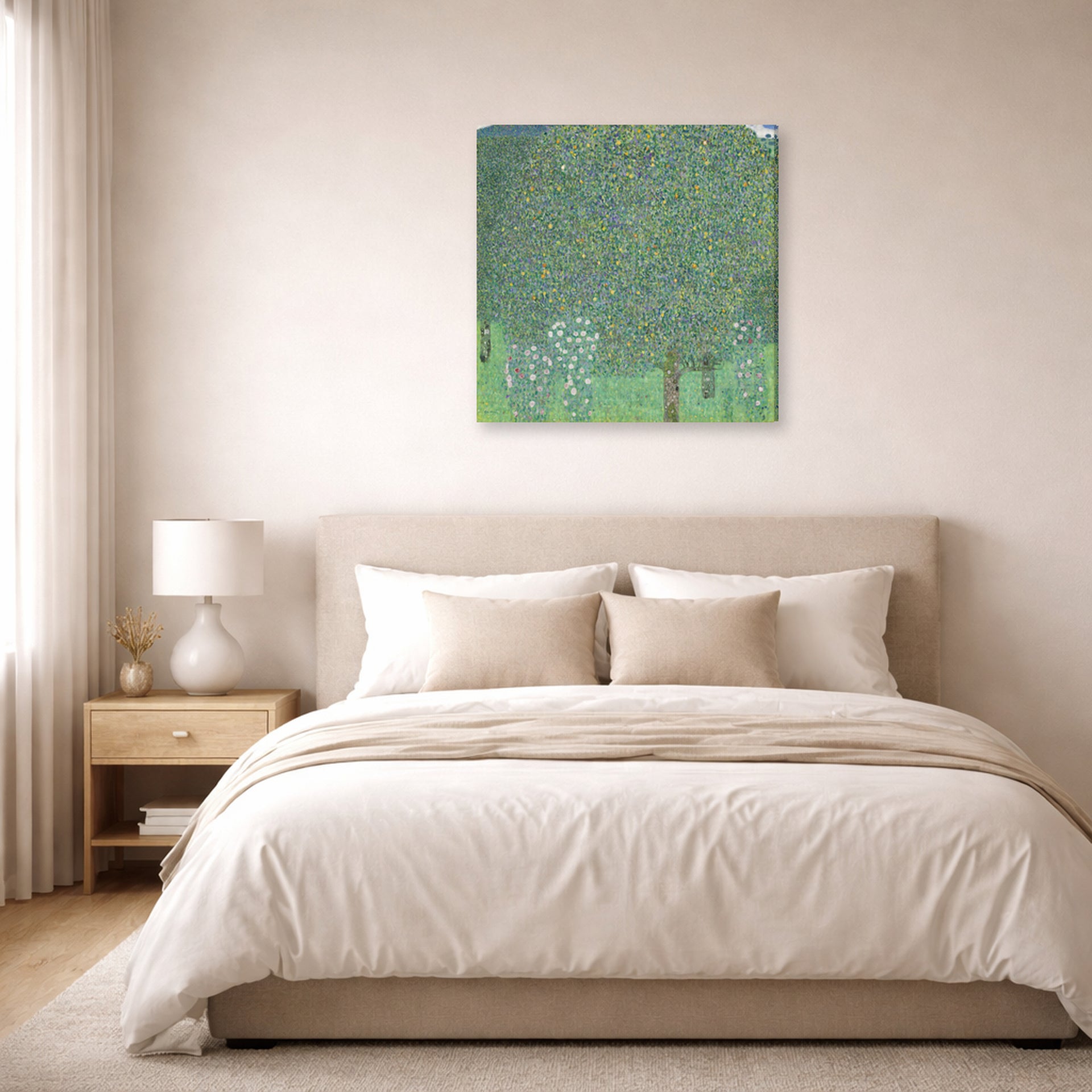 Gallery-wrapped canvas print of Gustav Klimt's 'Rose Bushes Under Trees' displayed on a wall in a bedroom