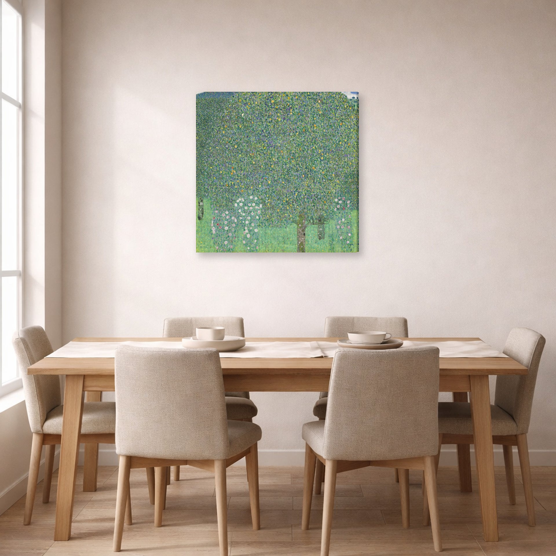 Gallery-wrapped canvas print of Gustav Klimt's 'Rose Bushes Under Trees' displayed on a wall in a dining room