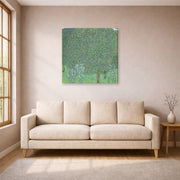 Gallery-wrapped canvas print of Gustav Klimt's 'Rose Bushes Under Trees' displayed on a wall in a living room (image 1 of 2)