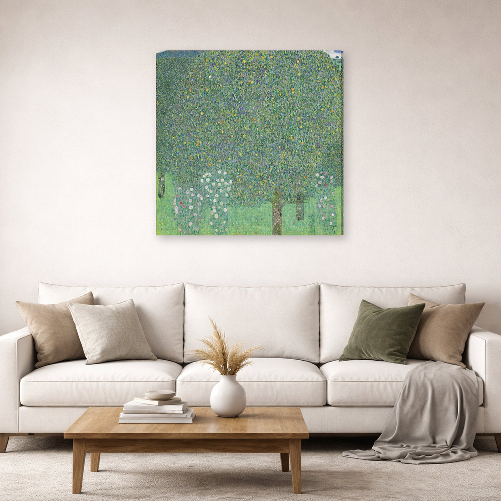 Gallery-wrapped canvas print of Gustav Klimt's 'Rose Bushes Under Trees' displayed on a wall in a living room (image 2 of 2)