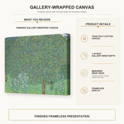 Gustav Klimt - Rose Bushes Under Trees gallery wrap canvas construction and hanging details infographic