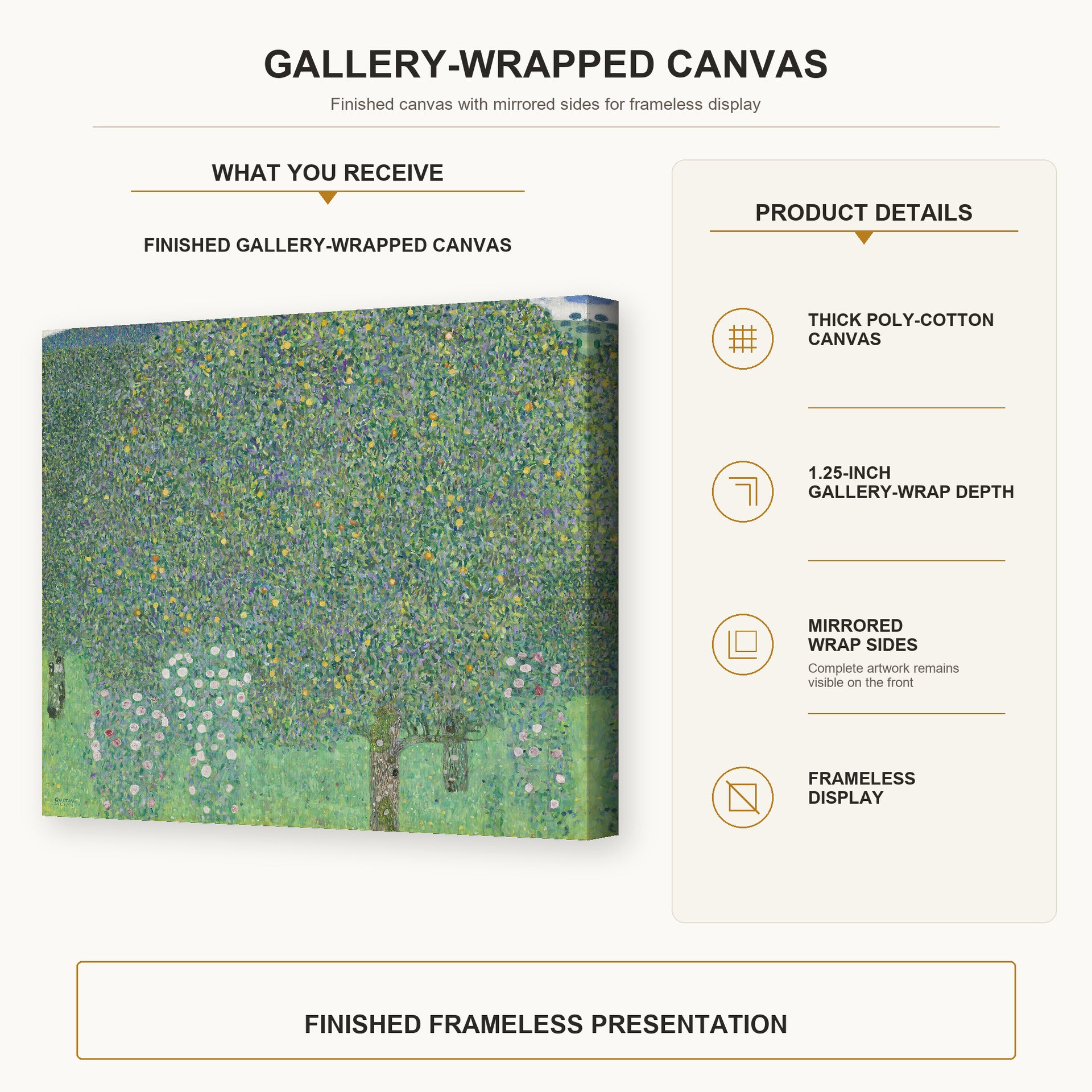 Gustav Klimt - Rose Bushes Under Trees gallery wrap canvas construction and hanging details infographic