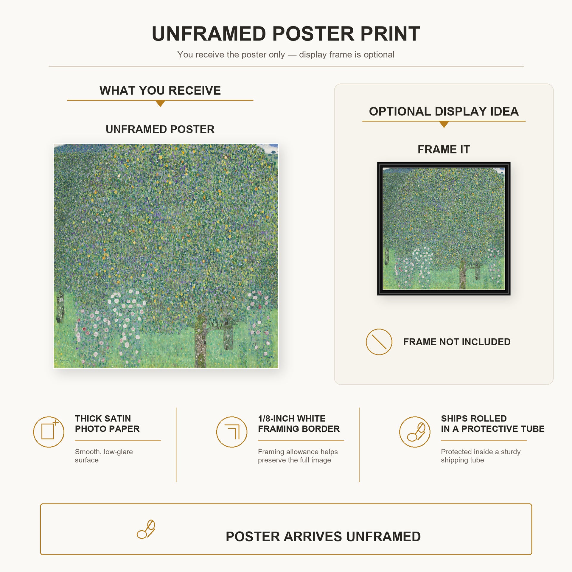 Gustav Klimt - Rose Bushes Under Trees poster print size comparison and framing display infographic