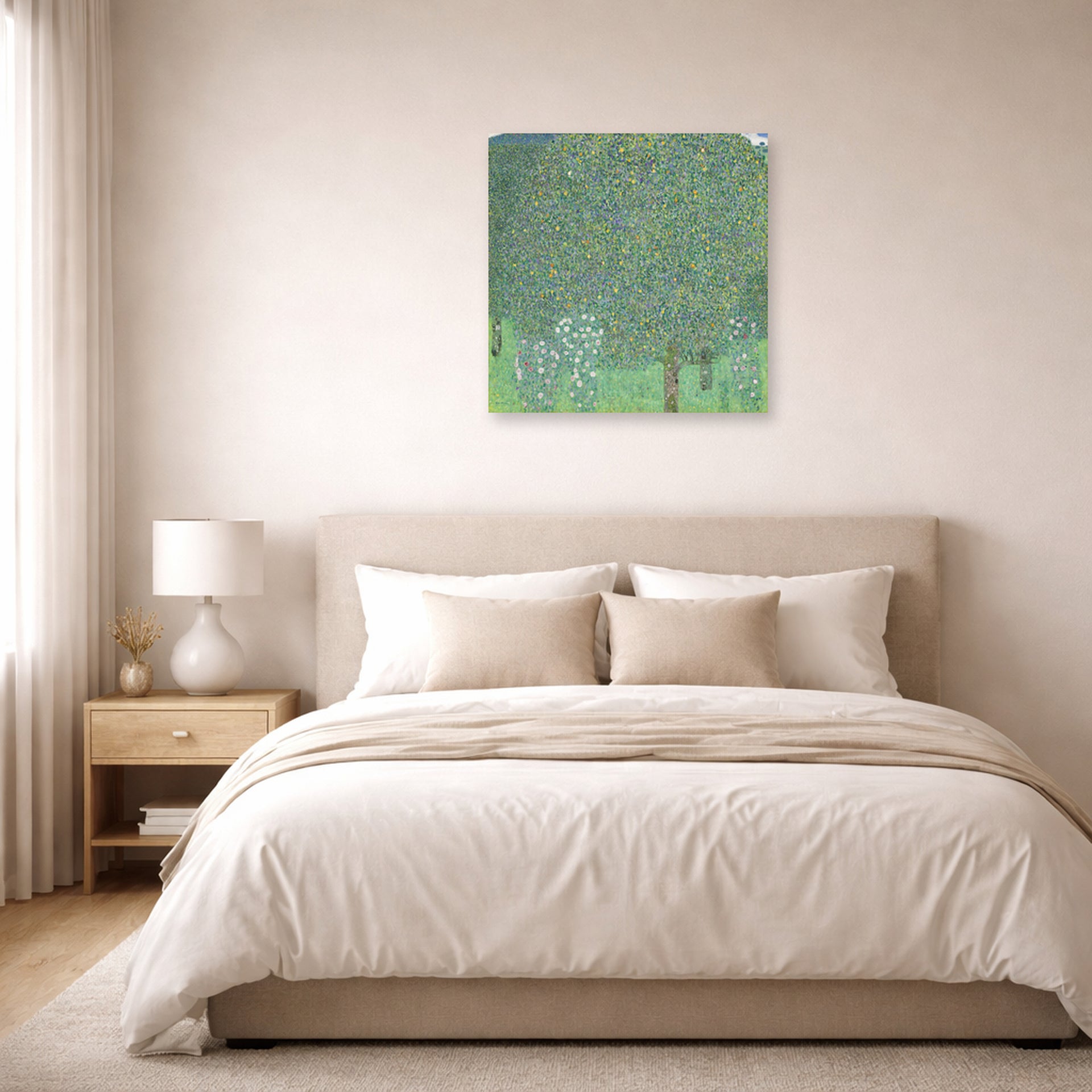 Unframed poster print of Gustav Klimt's 'Rose Bushes Under Trees' displayed on a wall in a bedroom