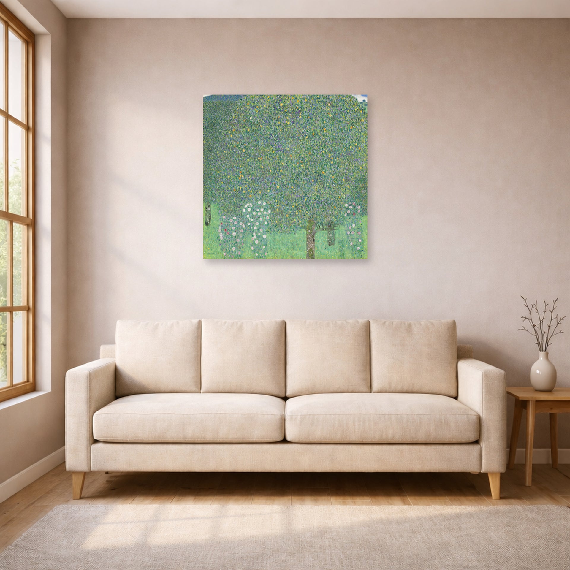 Unframed poster print of Gustav Klimt's 'Rose Bushes Under Trees' displayed on a wall in a living room (image 1 of 2)