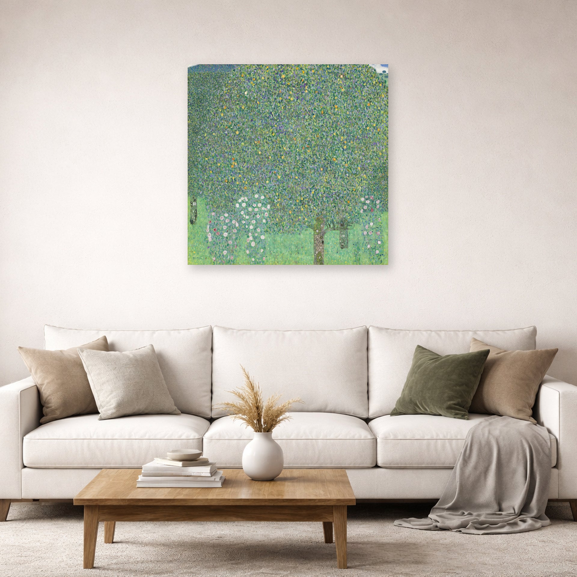 Unframed poster print of Gustav Klimt's 'Rose Bushes Under Trees' displayed on a wall in a living room (image 2 of 2)