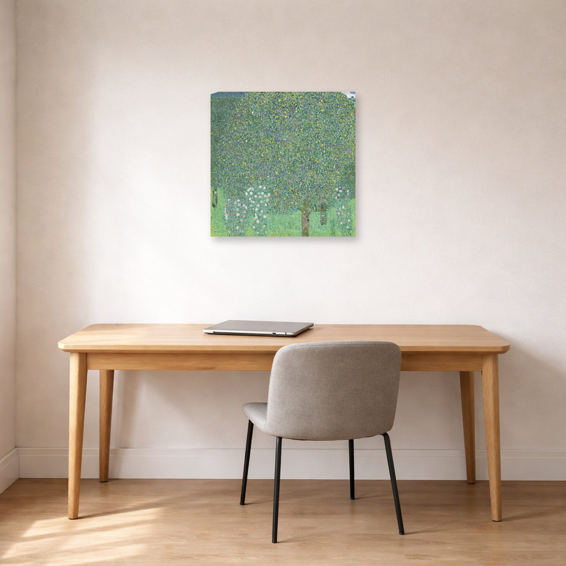 Unframed poster print of Gustav Klimt's 'Rose Bushes Under Trees' displayed on a wall in an office
