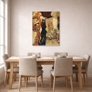 Gallery-wrapped canvas print of Gustav Klimt's 'The Bride Unfinished' displayed on a wall in a dining room