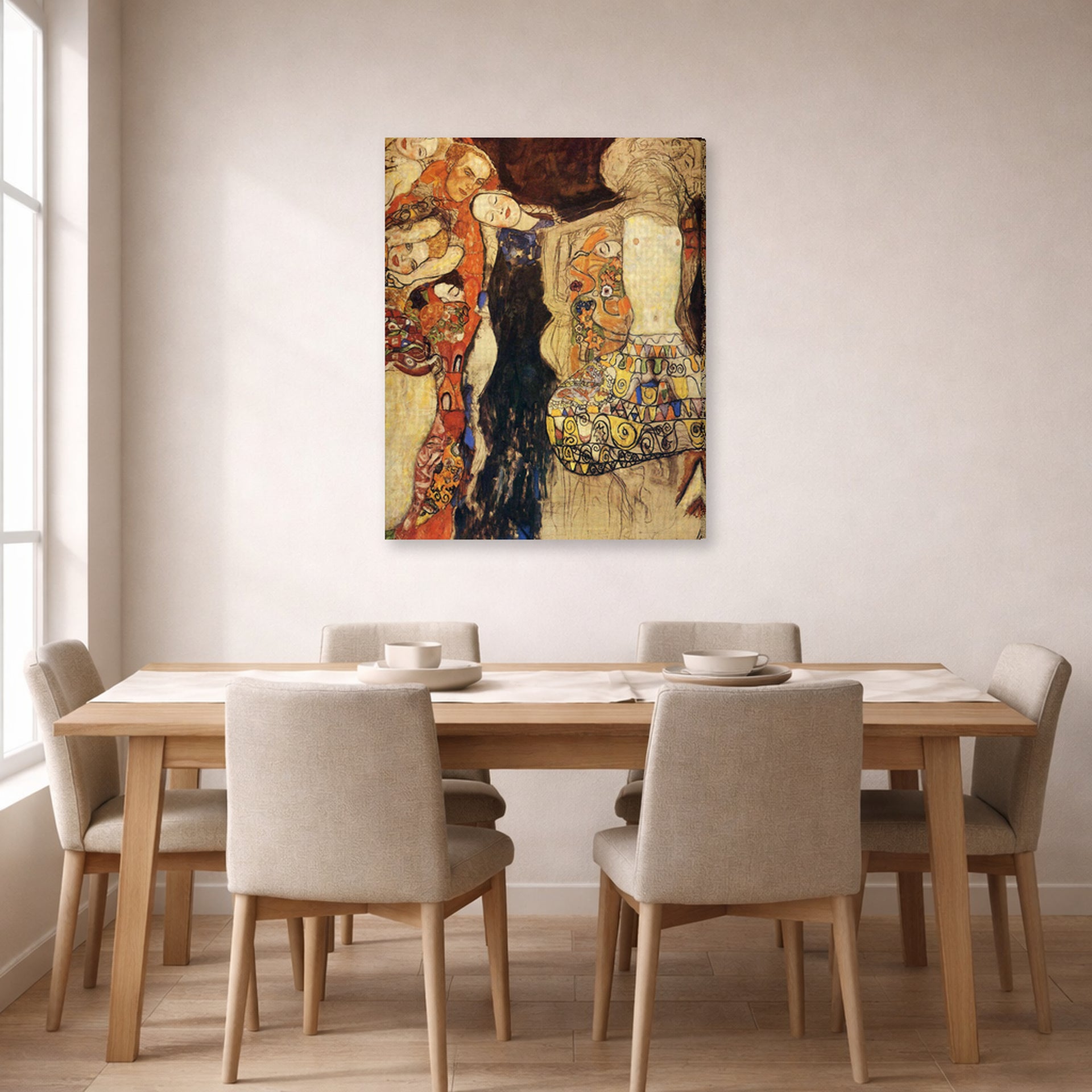 Gallery-wrapped canvas print of Gustav Klimt's 'The Bride Unfinished' displayed on a wall in a dining room