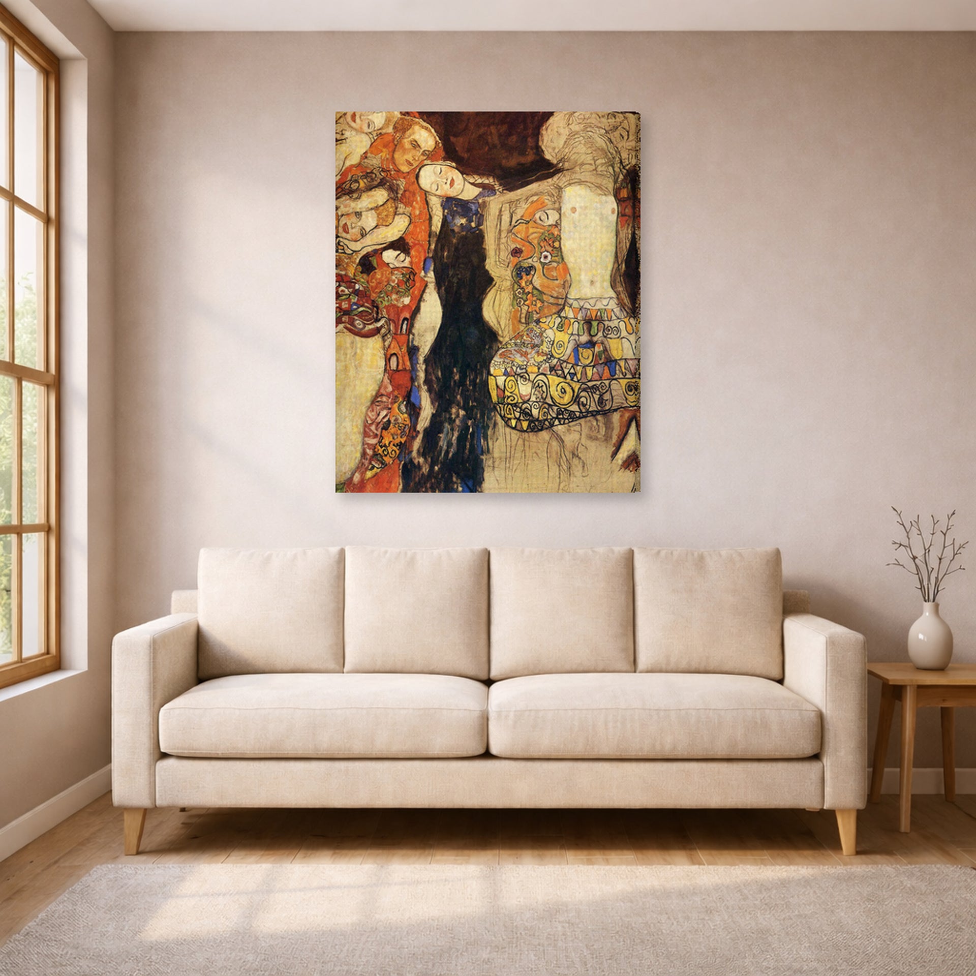 Gallery-wrapped canvas print of Gustav Klimt's 'The Bride Unfinished' displayed on a wall in a living room (image 1 of 2)