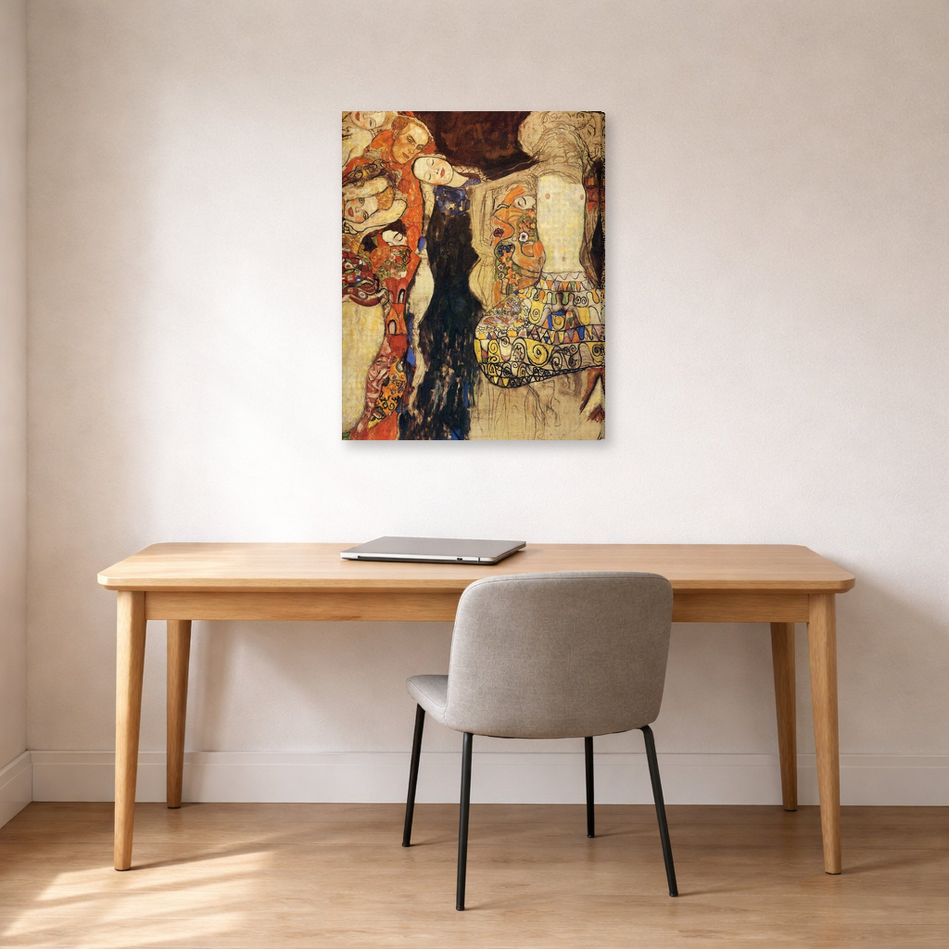 Gallery-wrapped canvas print of Gustav Klimt's 'The Bride Unfinished' displayed on a wall in an office