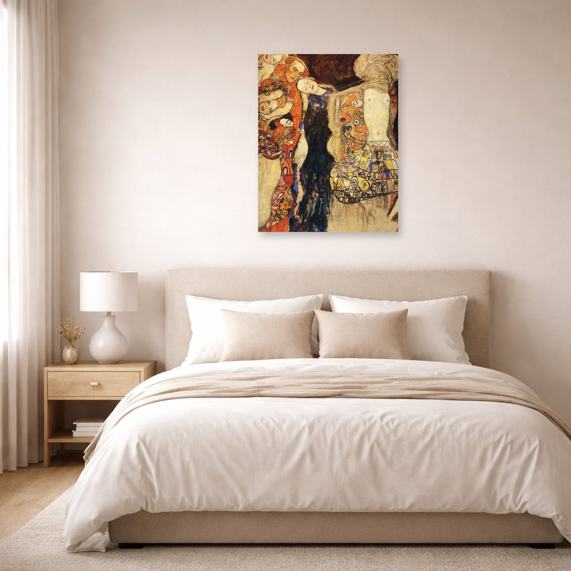 Unframed poster print of Gustav Klimt's 'The Bride Unfinished' displayed on a wall in a bedroom