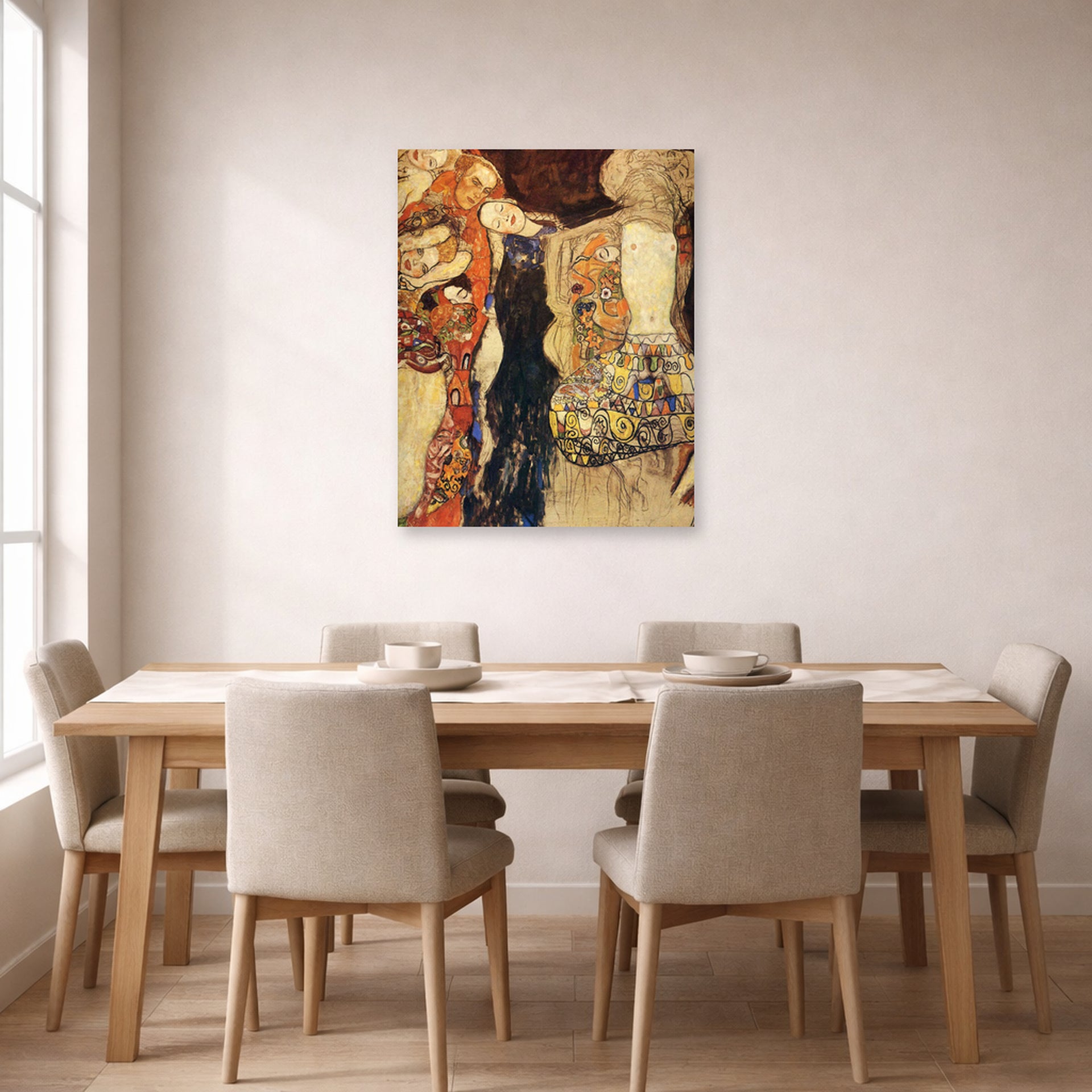 Unframed poster print of Gustav Klimt's 'The Bride Unfinished' displayed on a wall in a dining room