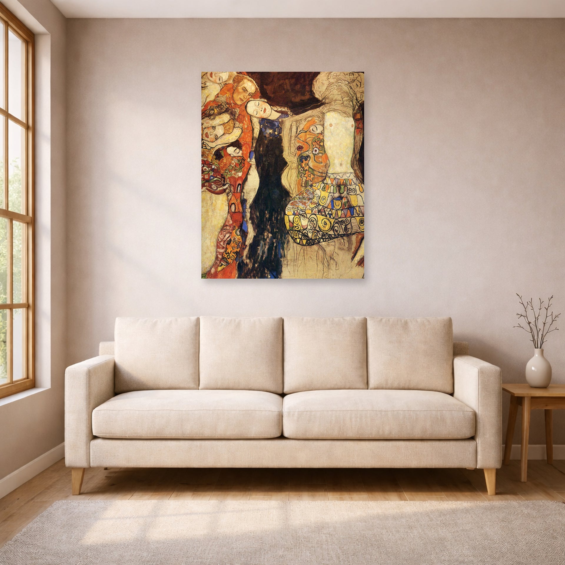 Unframed poster print of Gustav Klimt's 'The Bride Unfinished' displayed on a wall in a living room (image 1 of 2)
