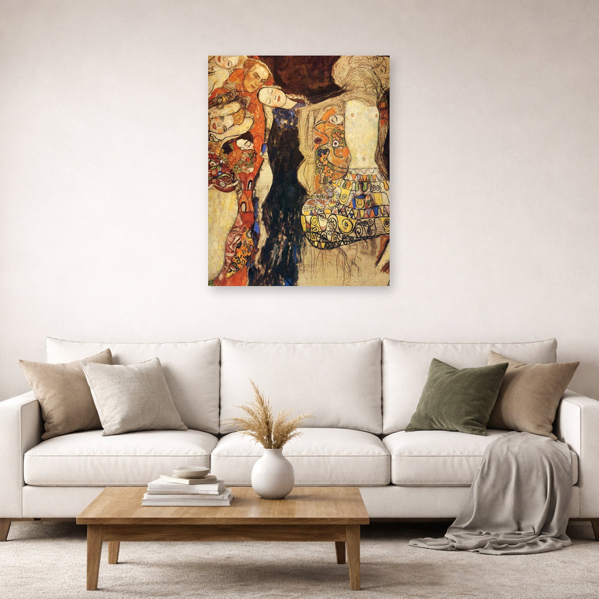Unframed poster print of Gustav Klimt's 'The Bride Unfinished' displayed on a wall in a living room (image 2 of 2)