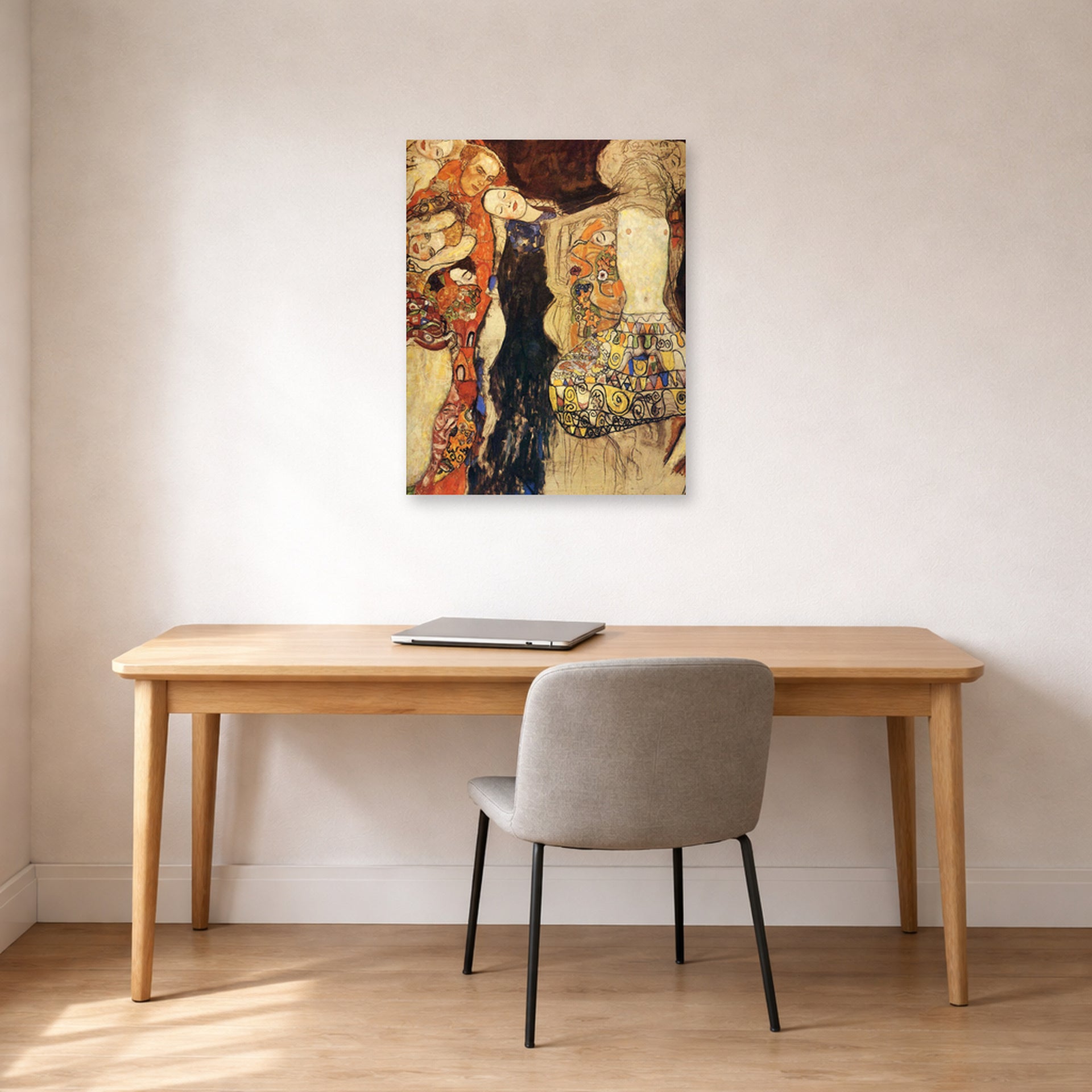 Unframed poster print of Gustav Klimt's 'The Bride Unfinished' displayed on a wall in an office