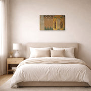 Gallery-wrapped canvas print of Gustav Klimt's 'The Gaurdian' displayed on a wall in a bedroom