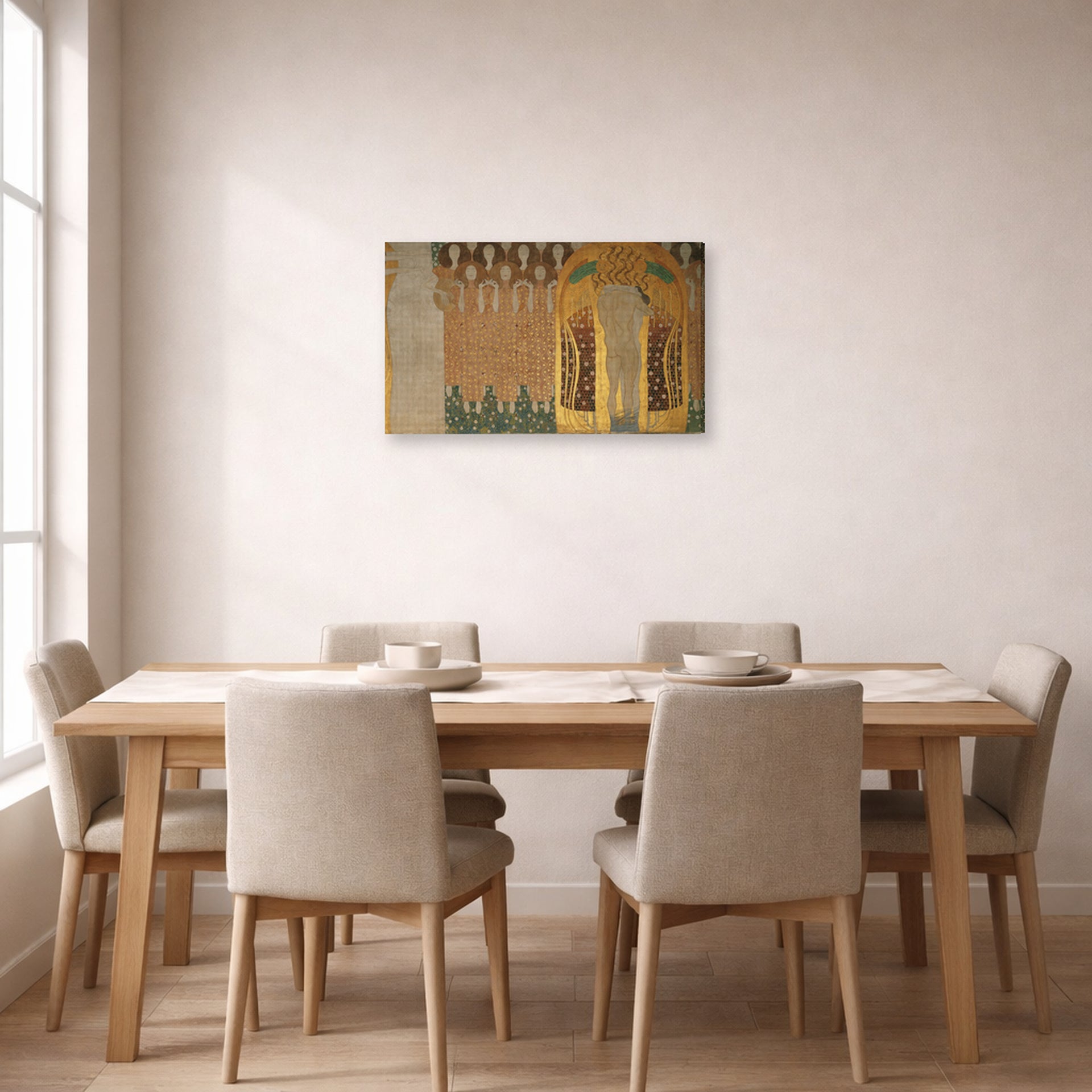 Gallery-wrapped canvas print of Gustav Klimt's 'The Gaurdian' displayed on a wall in a dining room