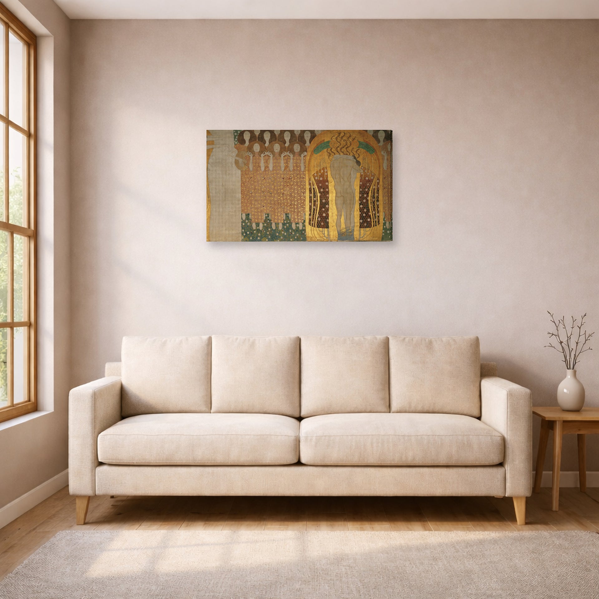 Gallery-wrapped canvas print of Gustav Klimt's 'The Gaurdian' displayed on a wall in a living room (image 1 of 2)