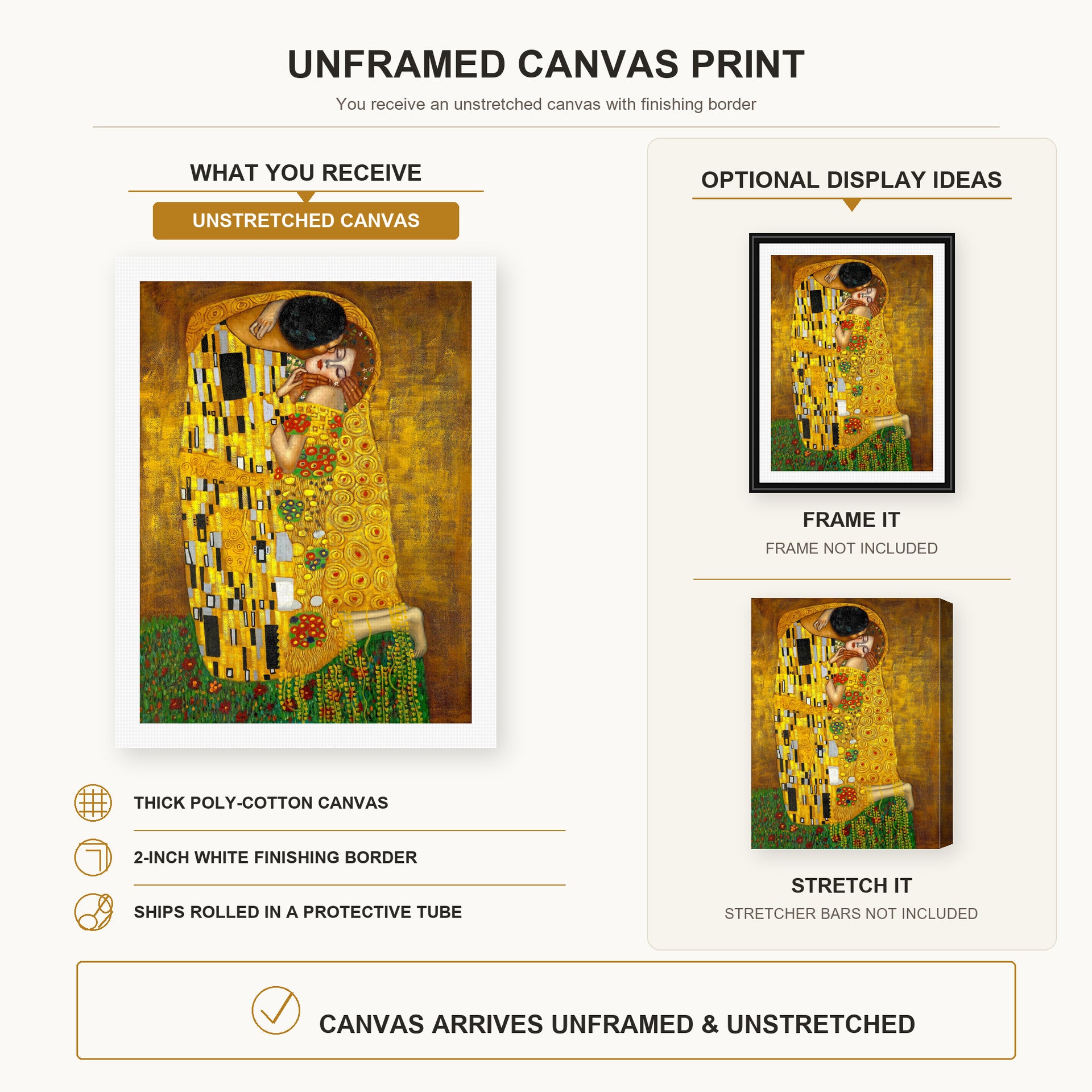 Gustav Klimt - The Kiss canvas print size comparison and framing display infographic