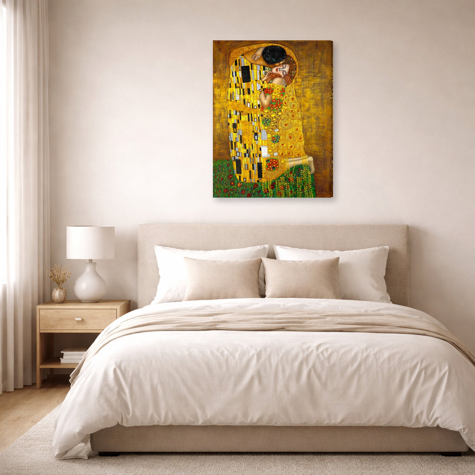 Gallery-wrapped canvas print of Gustav Klimt's 'The Kiss' displayed on a wall in a bedroom