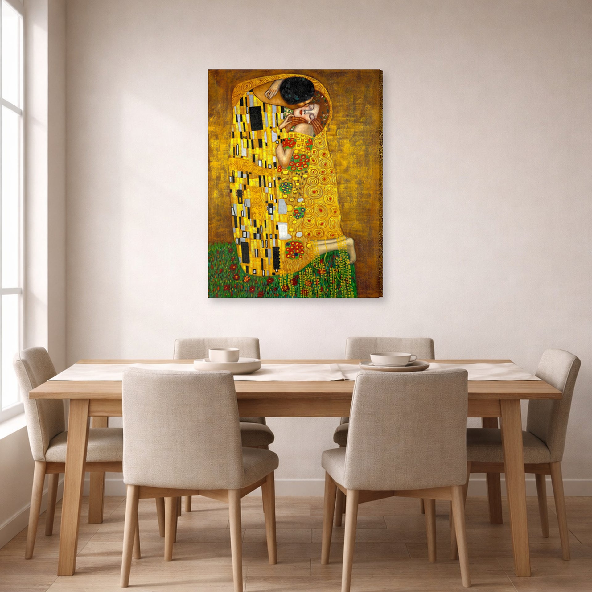 Gallery-wrapped canvas print of Gustav Klimt's 'The Kiss' displayed on a wall in a dining room