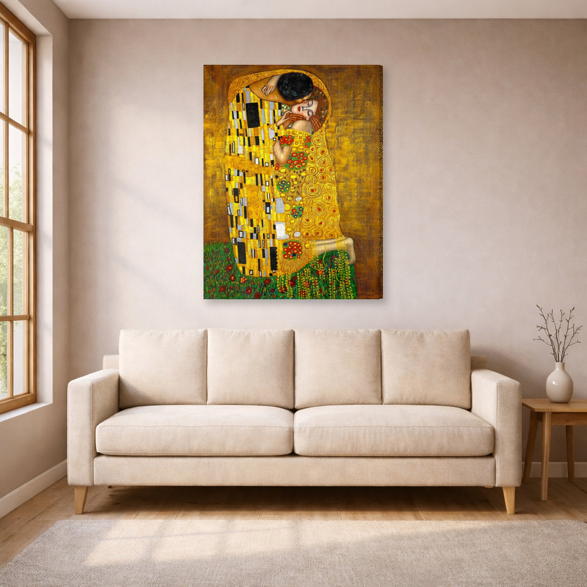 Gallery-wrapped canvas print of Gustav Klimt's 'The Kiss' displayed on a wall in a living room (image 1 of 2)