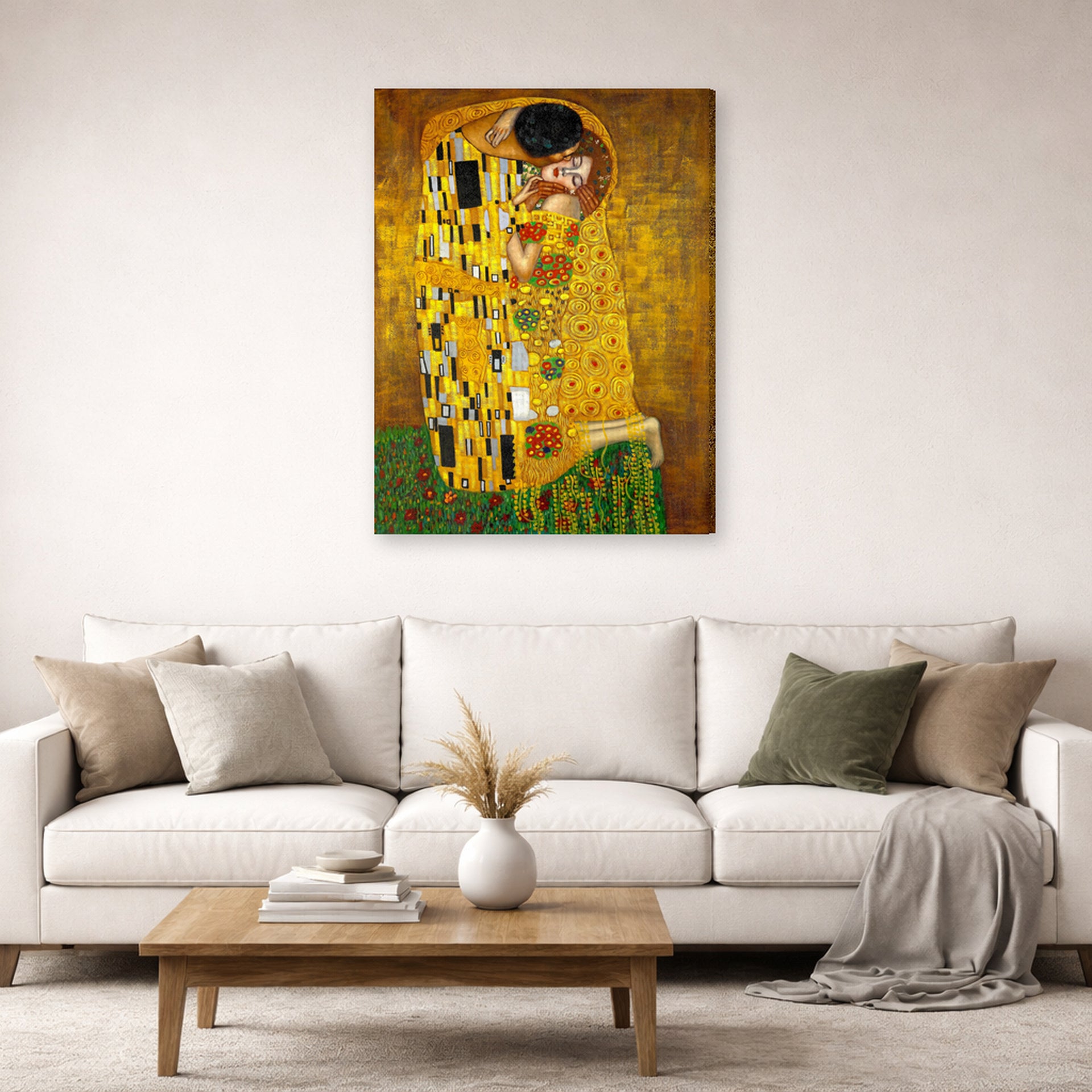 Gallery-wrapped canvas print of Gustav Klimt's 'The Kiss' displayed on a wall in a living room (image 2 of 2)
