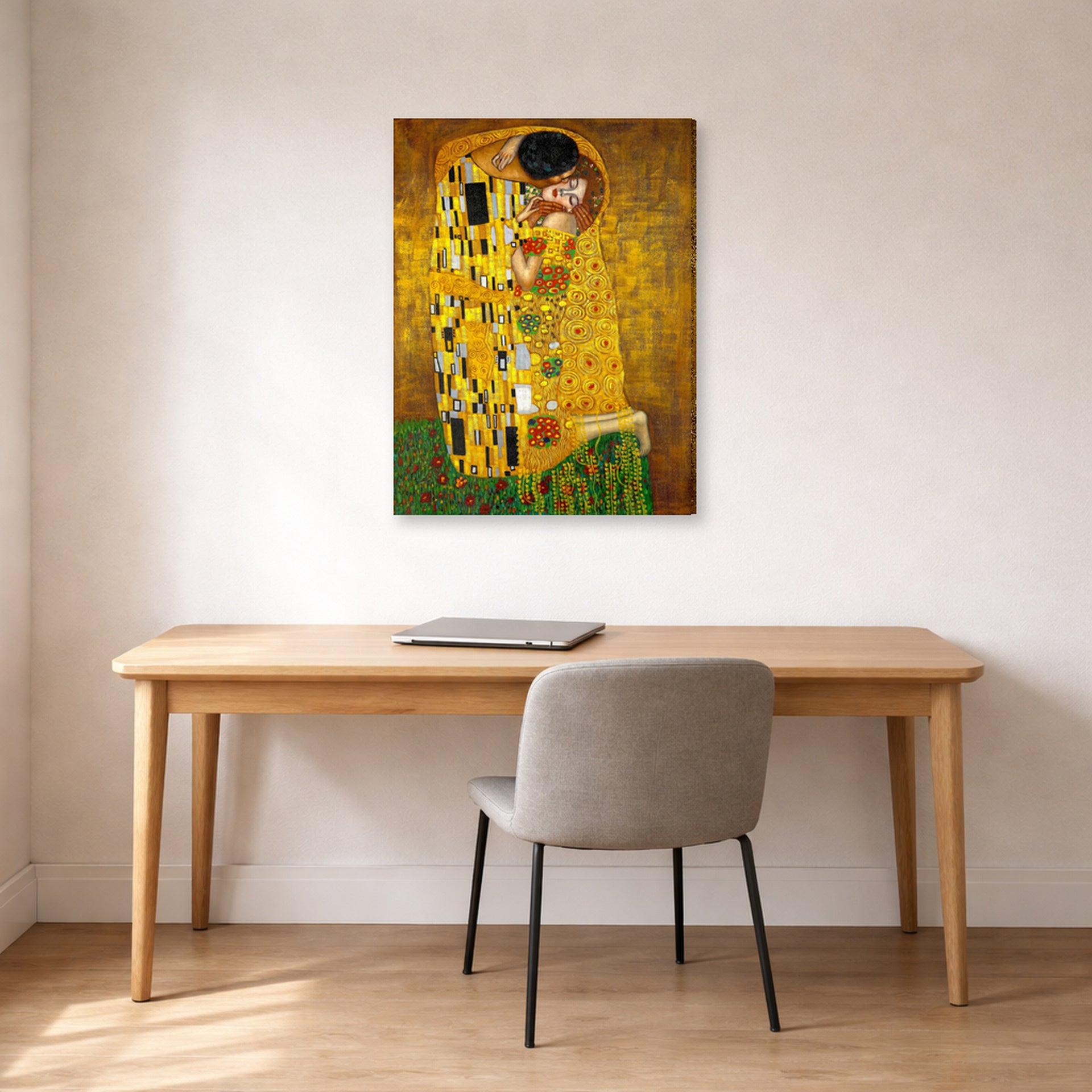 Gallery-wrapped canvas print of Gustav Klimt's 'The Kiss' displayed on a wall in an office