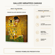 Gustav Klimt - The Kiss gallery wrap canvas construction and hanging details infographic
