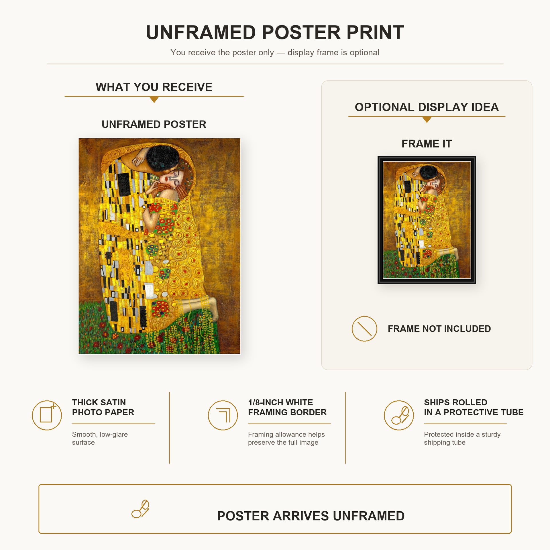 Gustav Klimt - The Kiss poster print size comparison and framing display infographic