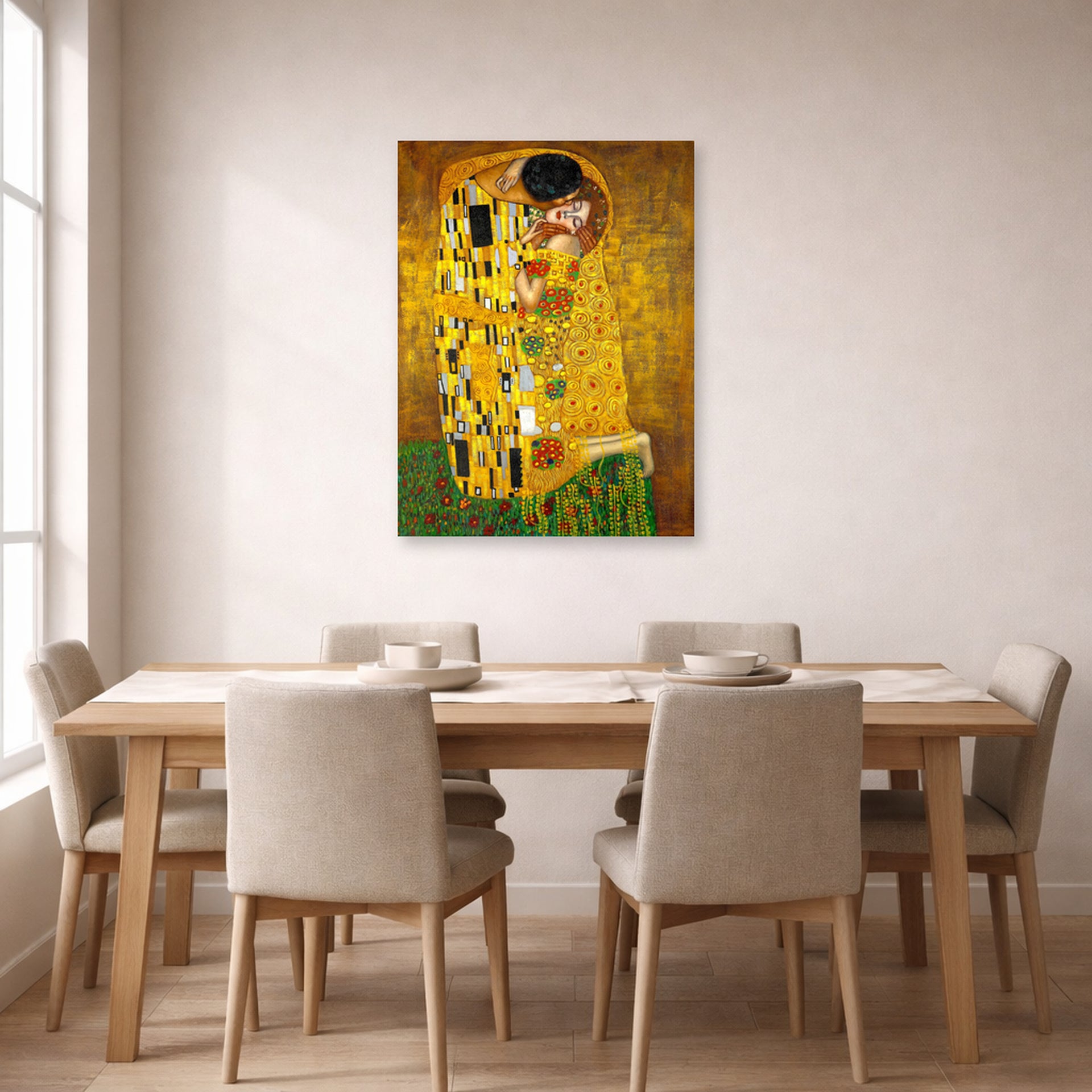Unframed poster print of Gustav Klimt's 'The Kiss' displayed on a wall in a dining room