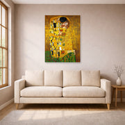 Unframed poster print of Gustav Klimt's 'The Kiss' displayed on a wall in a living room (image 1 of 2)