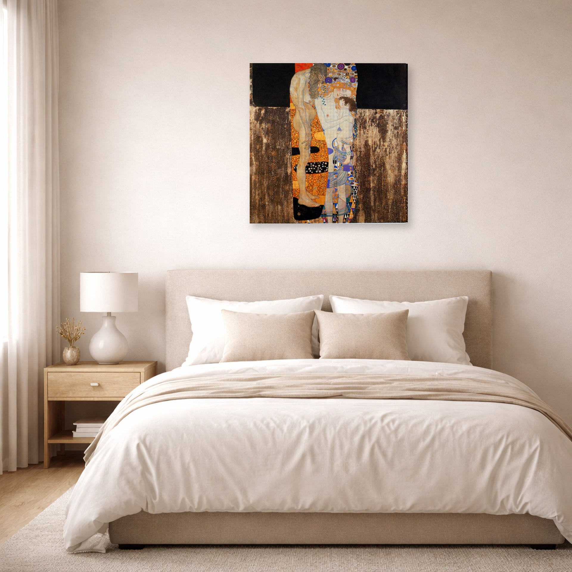 Gallery-wrapped canvas print of Gustav Klimt's 'The Three Ages of Woman' displayed on a wall in a bedroom