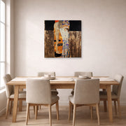 Gallery-wrapped canvas print of Gustav Klimt's 'The Three Ages of Woman' displayed on a wall in a dining room
