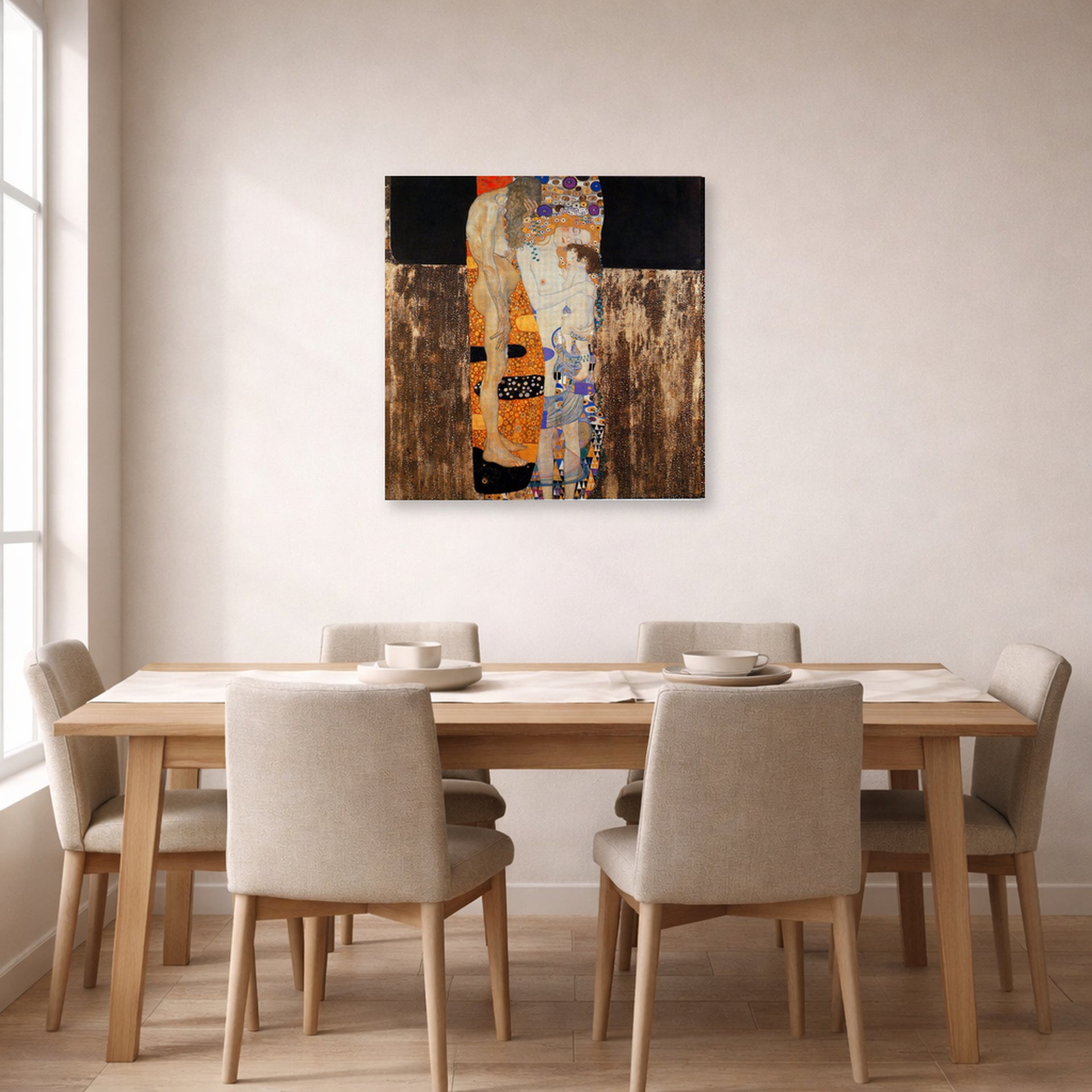 Gallery-wrapped canvas print of Gustav Klimt's 'The Three Ages of Woman' displayed on a wall in a dining room