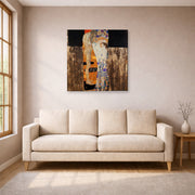 Gallery-wrapped canvas print of Gustav Klimt's 'The Three Ages of Woman' displayed on a wall in a living room (image 1 of 2)