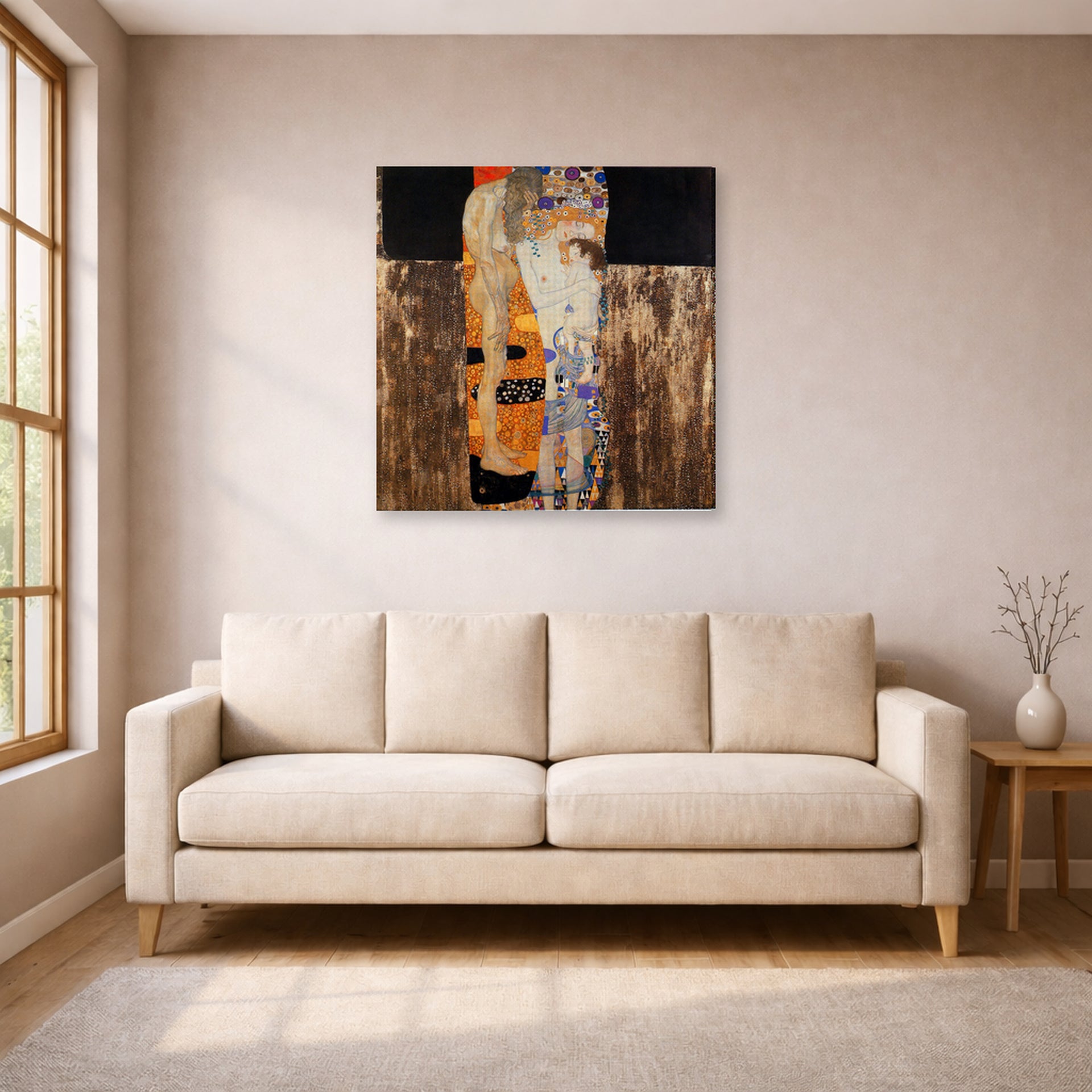 Gallery-wrapped canvas print of Gustav Klimt's 'The Three Ages of Woman' displayed on a wall in a living room (image 1 of 2)