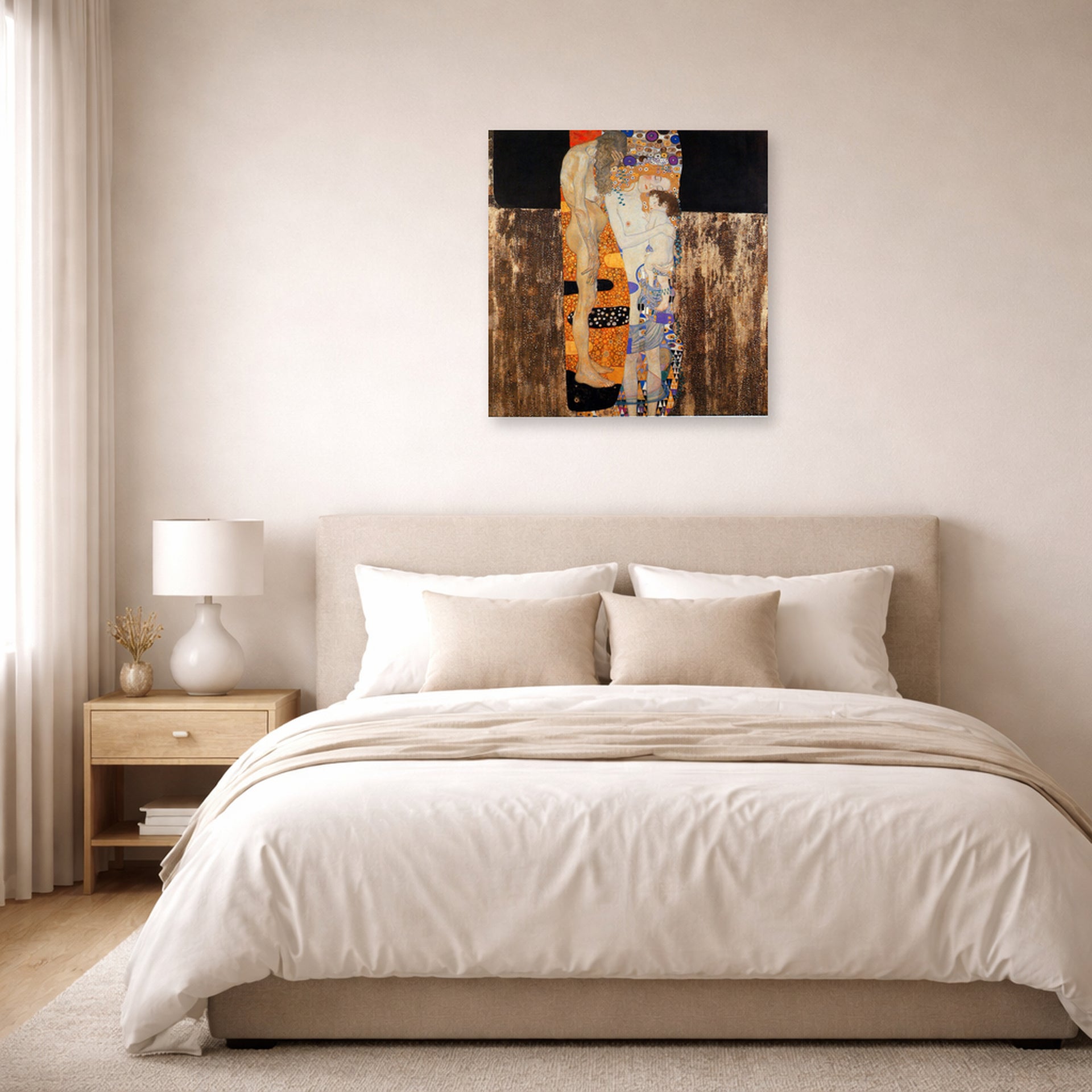 Unframed poster print of Gustav Klimt's 'The Three Ages of Woman' displayed on a wall in a bedroom