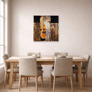 Unframed poster print of Gustav Klimt's 'The Three Ages of Woman' displayed on a wall in a dining room