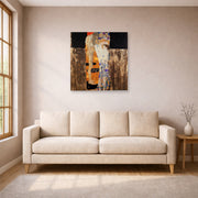 Unframed poster print of Gustav Klimt's 'The Three Ages of Woman' displayed on a wall in a living room (image 1 of 2)