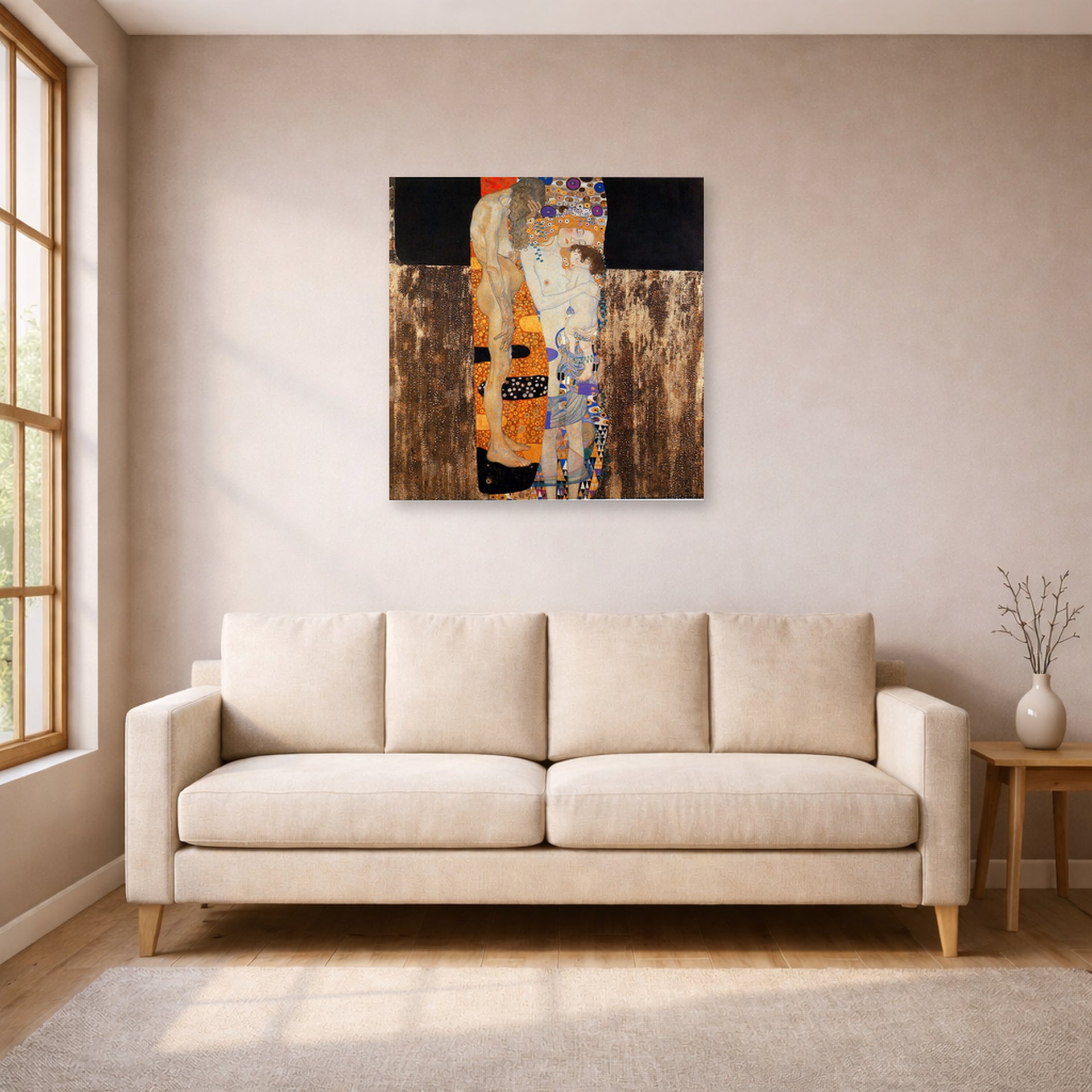 Unframed poster print of Gustav Klimt's 'The Three Ages of Woman' displayed on a wall in a living room (image 1 of 2)