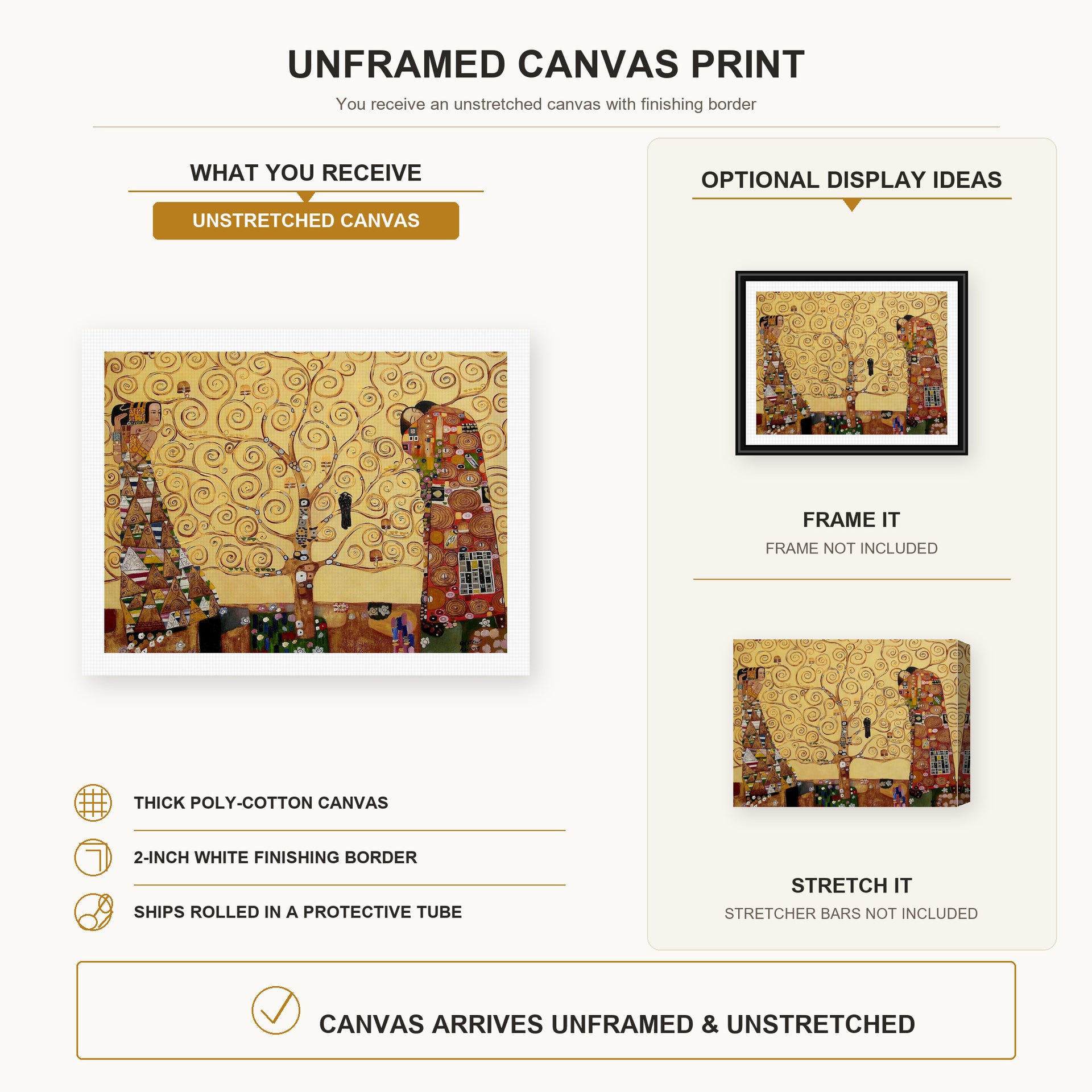 Gustav Klimt - The Tree of Life canvas print size comparison and framing display infographic