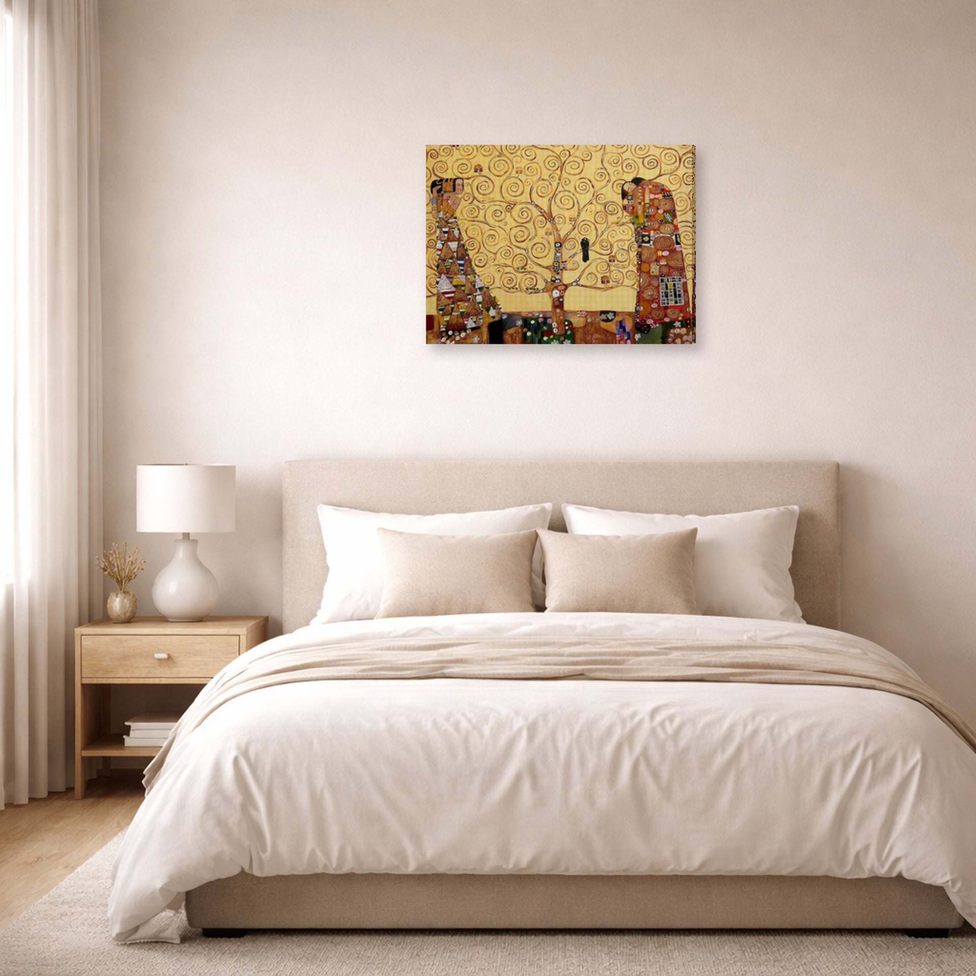 Gallery-wrapped canvas print of Gustav Klimt's 'The Tree of Life' displayed on a wall in a bedroom
