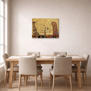 Gallery-wrapped canvas print of Gustav Klimt's 'The Tree of Life' displayed on a wall in a dining room