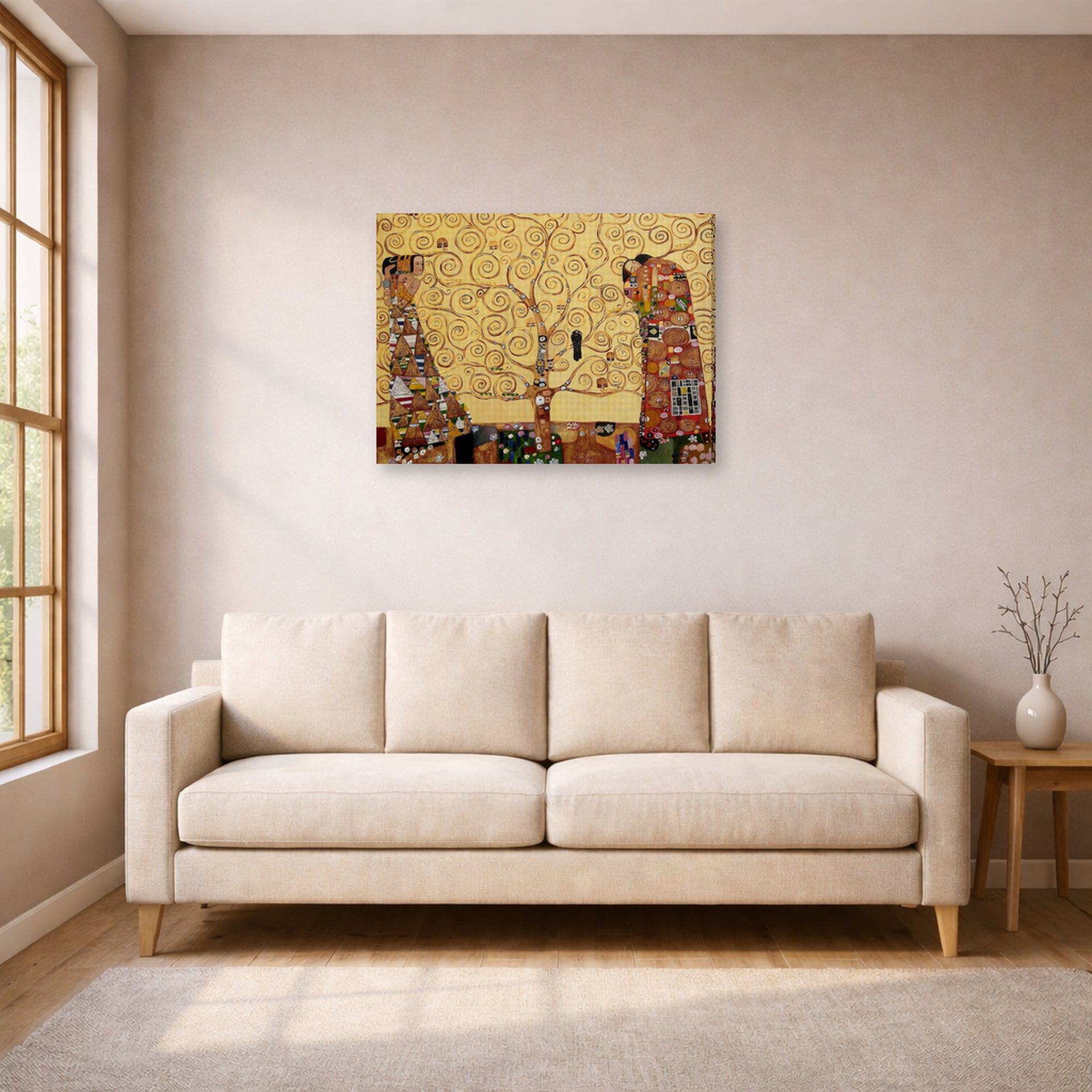 Gallery-wrapped canvas print of Gustav Klimt's 'The Tree of Life' displayed on a wall in a living room (image 1 of 2)