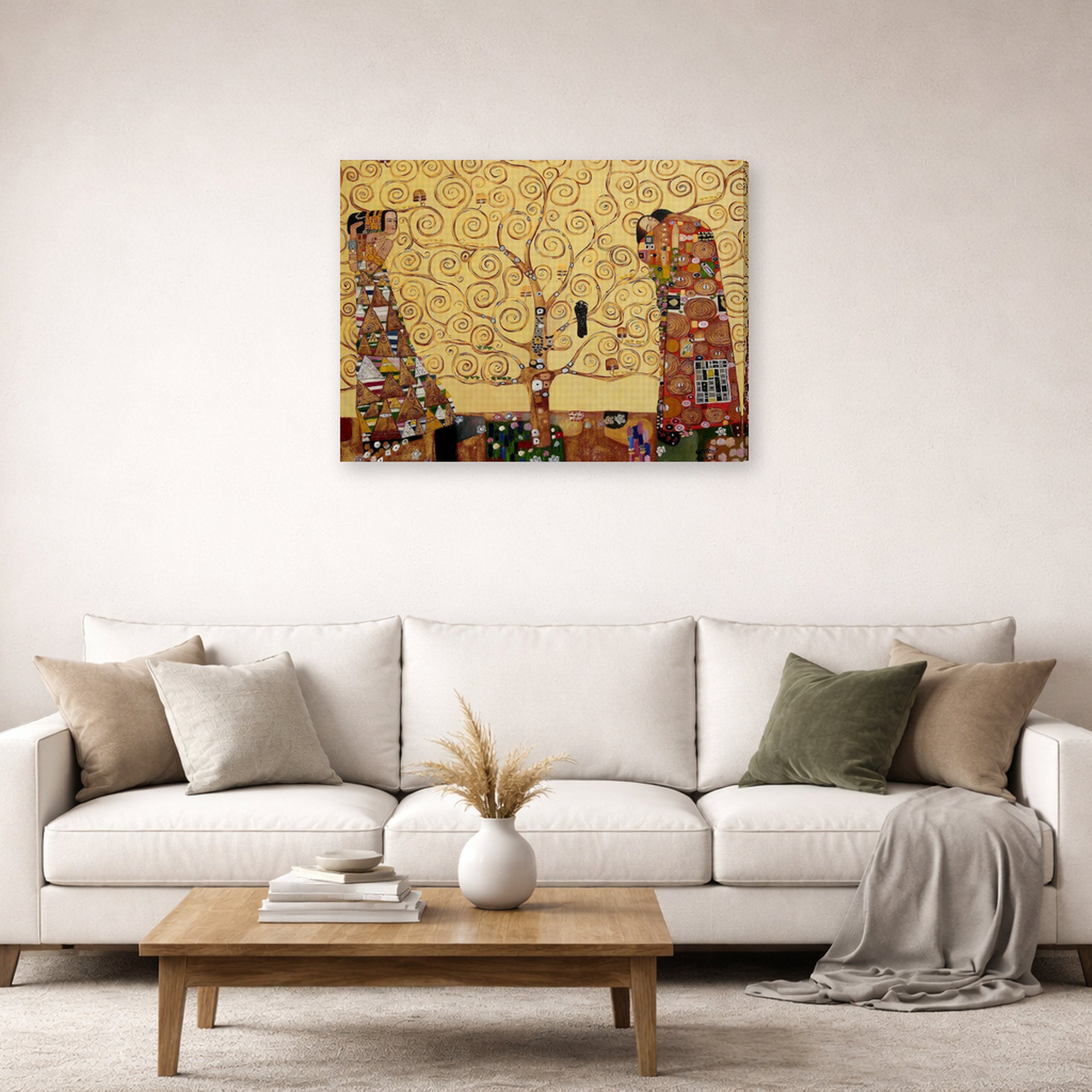 Gallery-wrapped canvas print of Gustav Klimt's 'The Tree of Life' displayed on a wall in a living room (image 2 of 2)