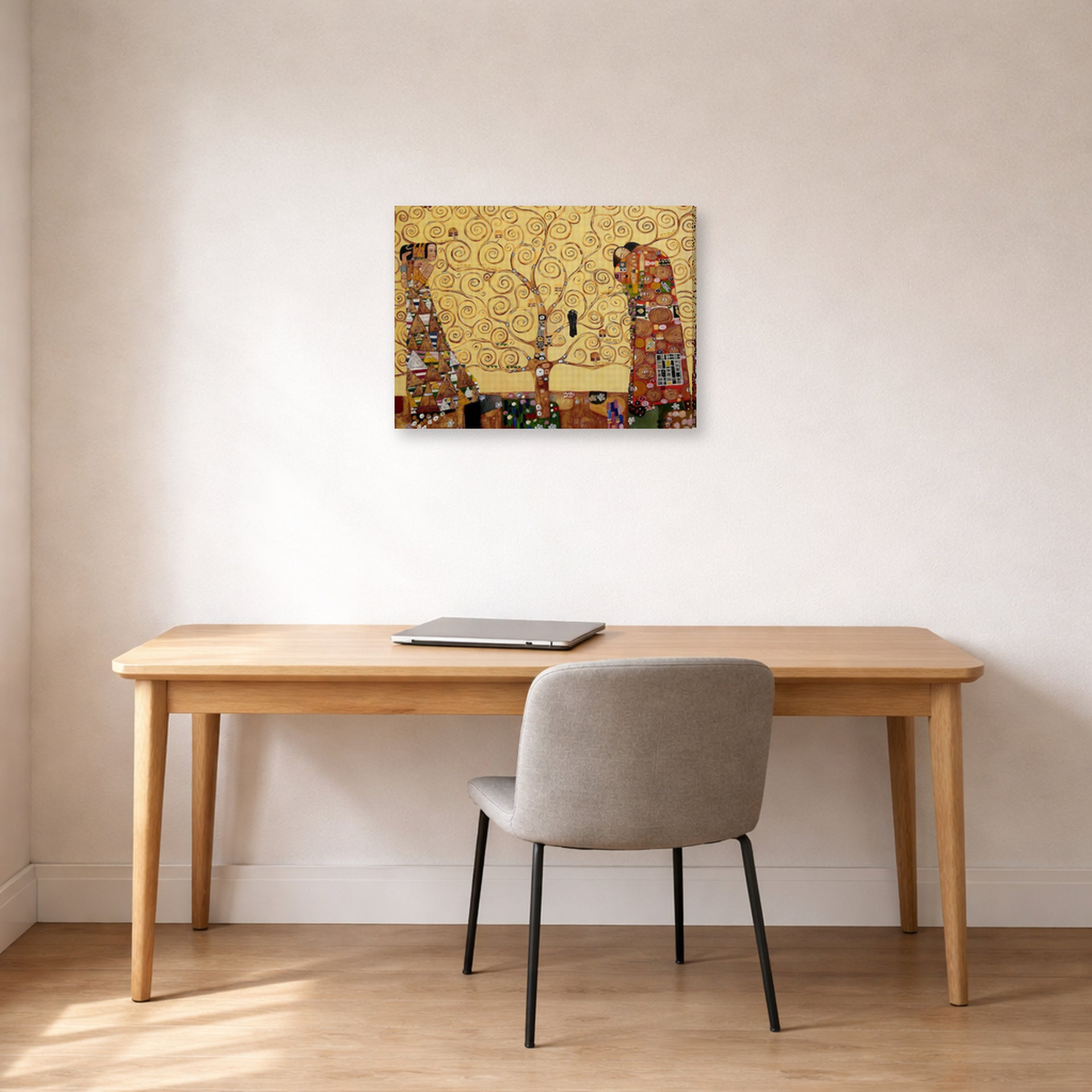 Gallery-wrapped canvas print of Gustav Klimt's 'The Tree of Life' displayed on a wall in an office