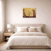 Unframed poster print of Gustav Klimt's 'The Tree of Life' displayed on a wall in a bedroom