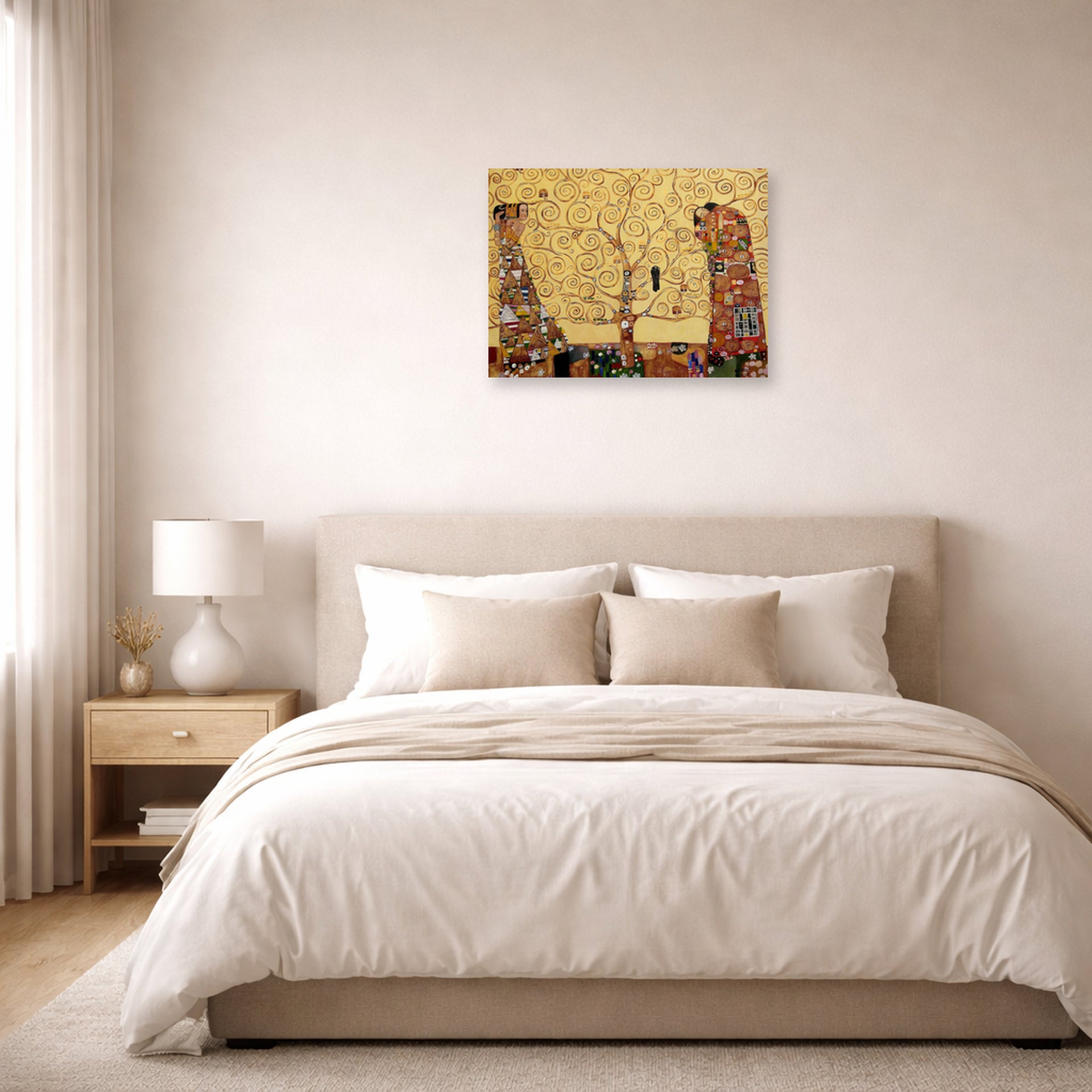 Unframed poster print of Gustav Klimt's 'The Tree of Life' displayed on a wall in a bedroom